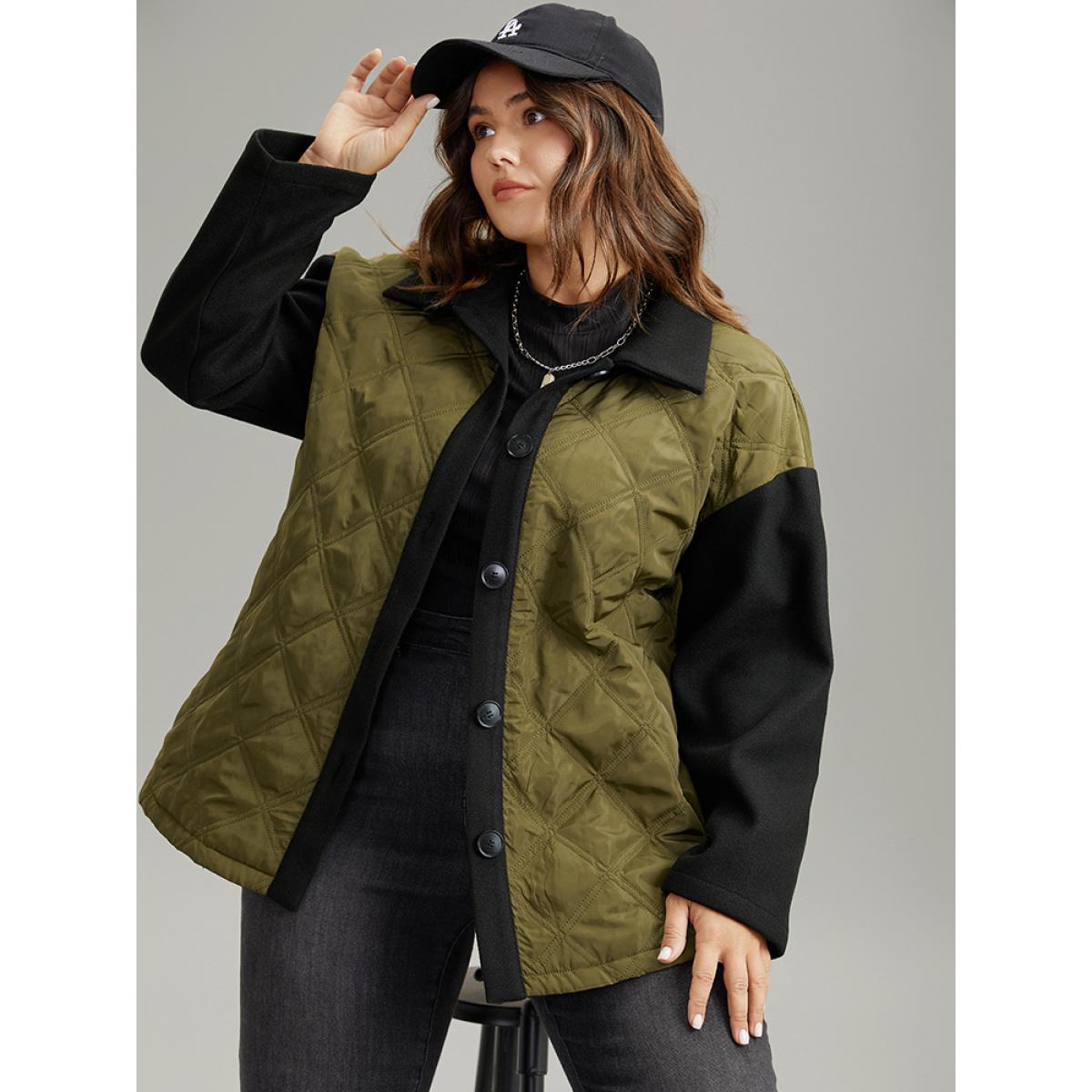 Plus Size Contrast Patchwork Quilted Button Up Jacket Women ArmyGreen Casual Texture Ladies Dailywear Winter Coats BloomChic 18-20/2X Product Image