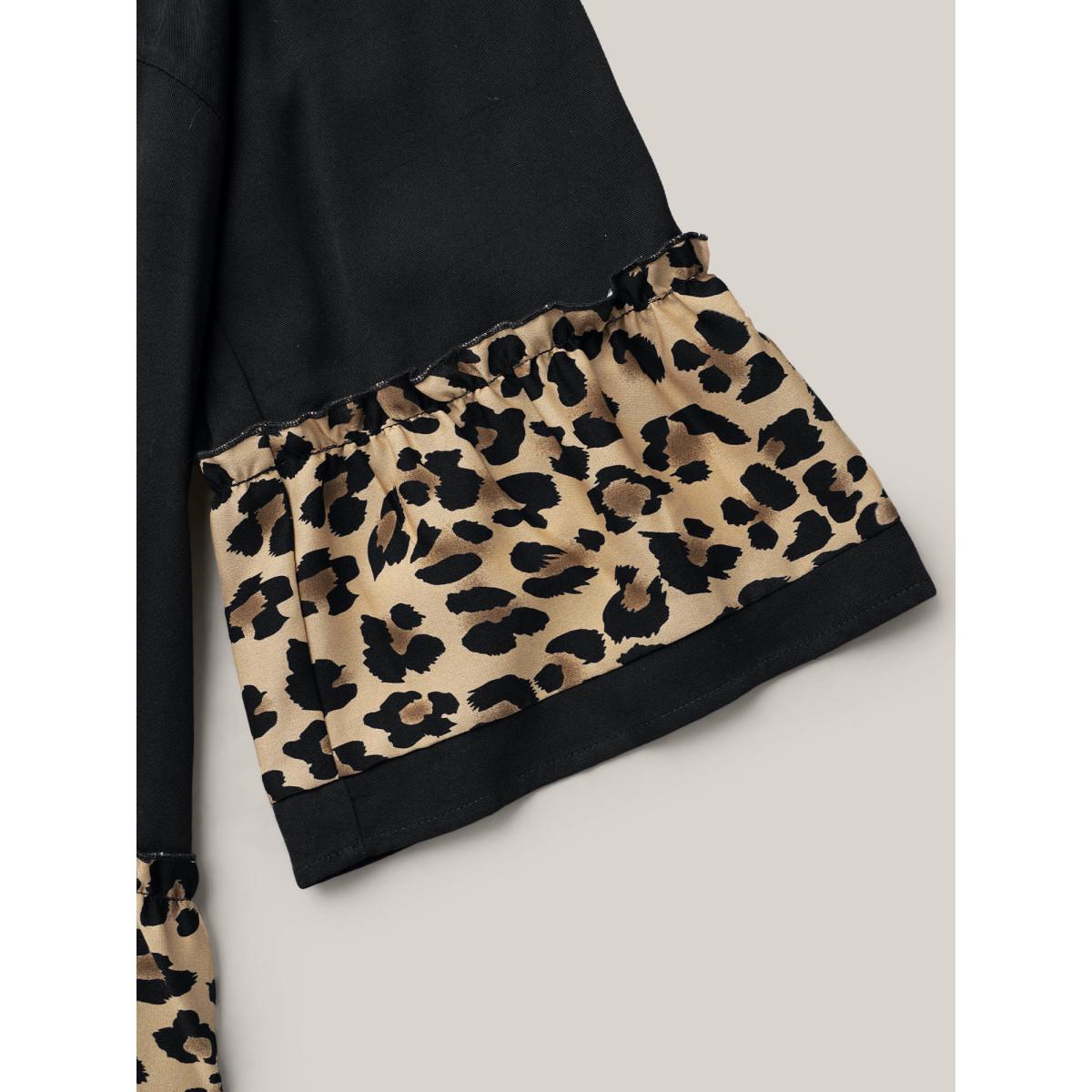 Plus Size Black Leopard Print Patchwork Tiered Blouse Women Casual Elbow-length sleeve Round Neck Everyday Blouses BloomChic 22-24/3X Product Image