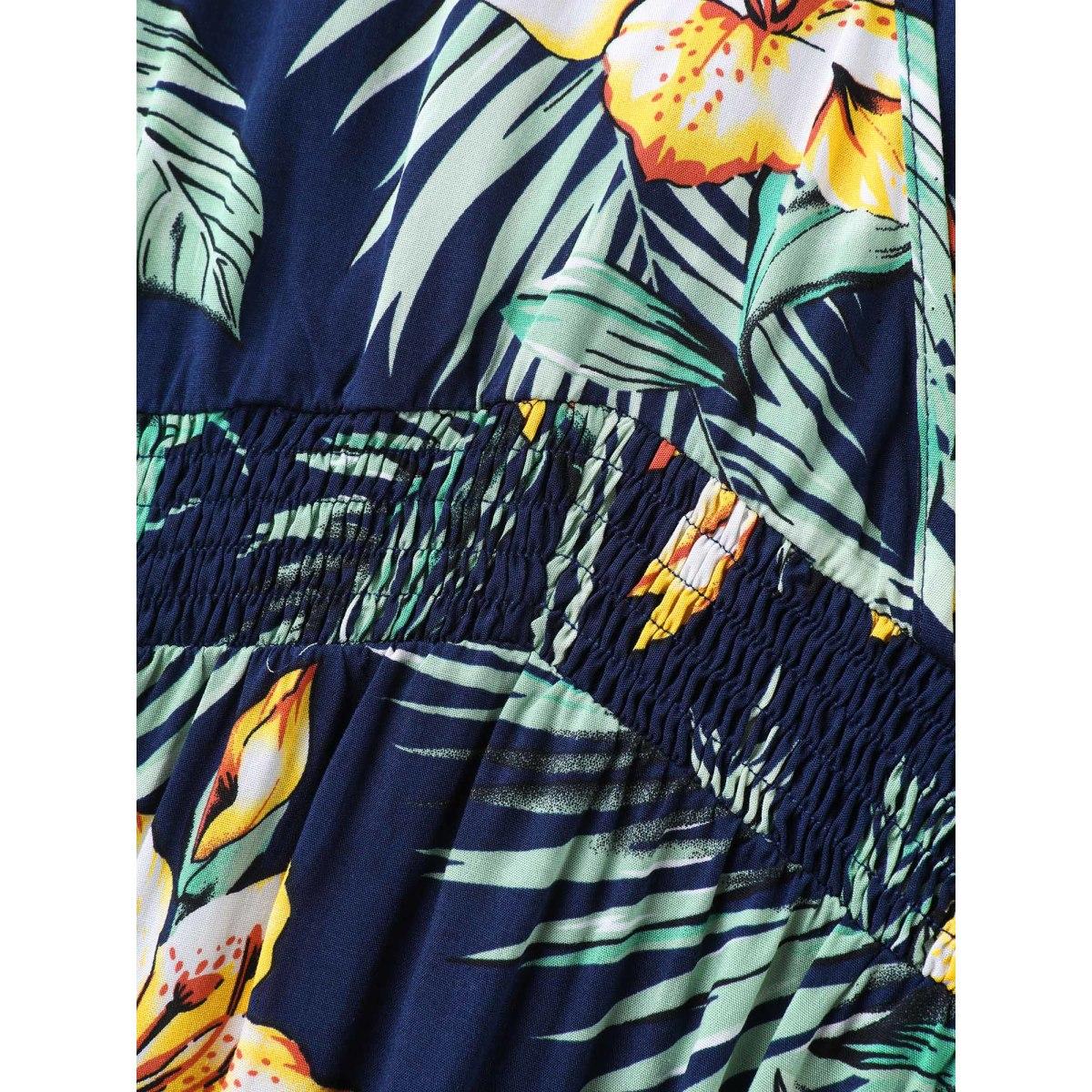 Plus Size Tropical Floral Print Shirred Waist Midi Dress DarkBlue Women Resort Overlap Collar Short sleeve Curvy BloomChic 26/4X Product Image