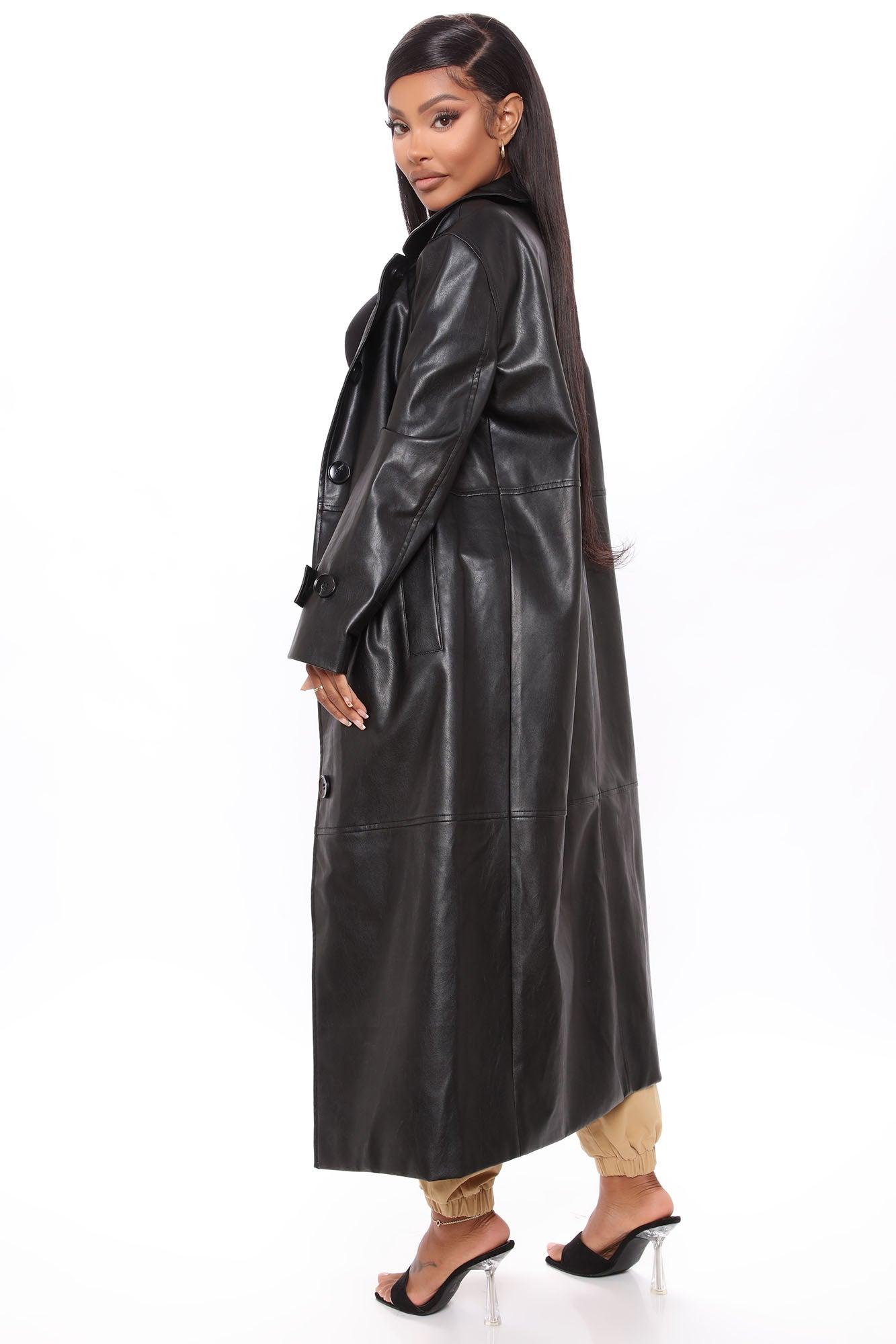 Gimme A Clue Faux Leather Trench Coat - Black Female Product Image