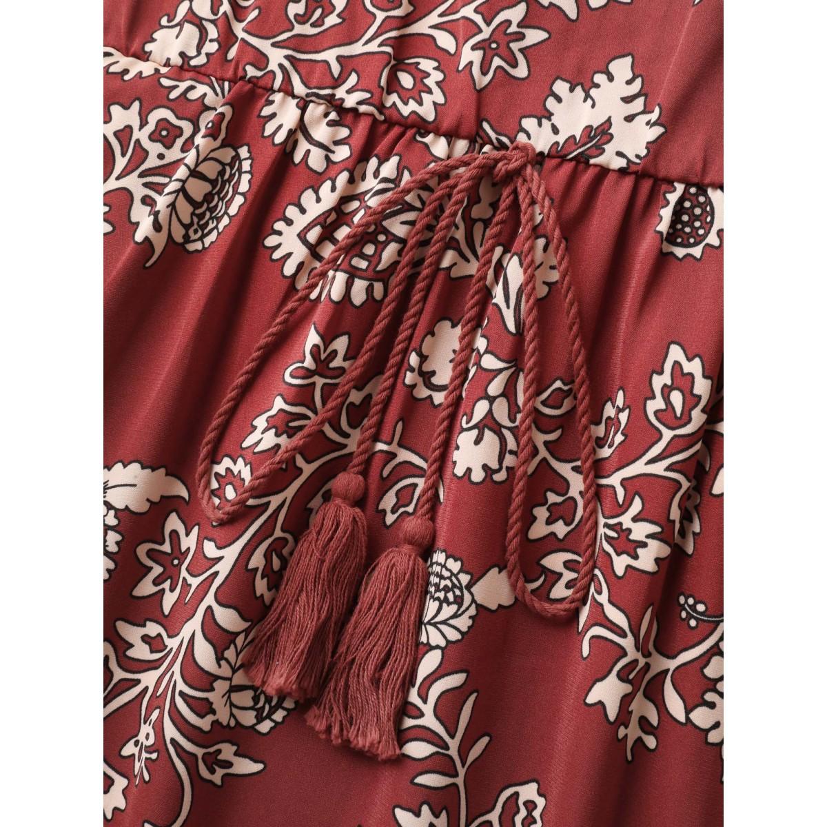 Plus Size Floral Waist-Tie Pockets Midi Dress Rust Women Boho Heart neckline Sleeveless Curvy BloomChic 26/4X Product Image