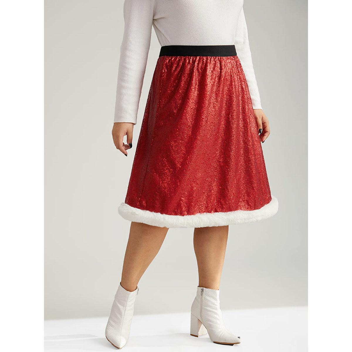 Plus Size Christmas Sequin Patchwork Fuzzy Trim Skirt Women Scarlet Glamour Sequin No stretch Festival-Christmas Skirts BloomChic 14-16/1X Product Image