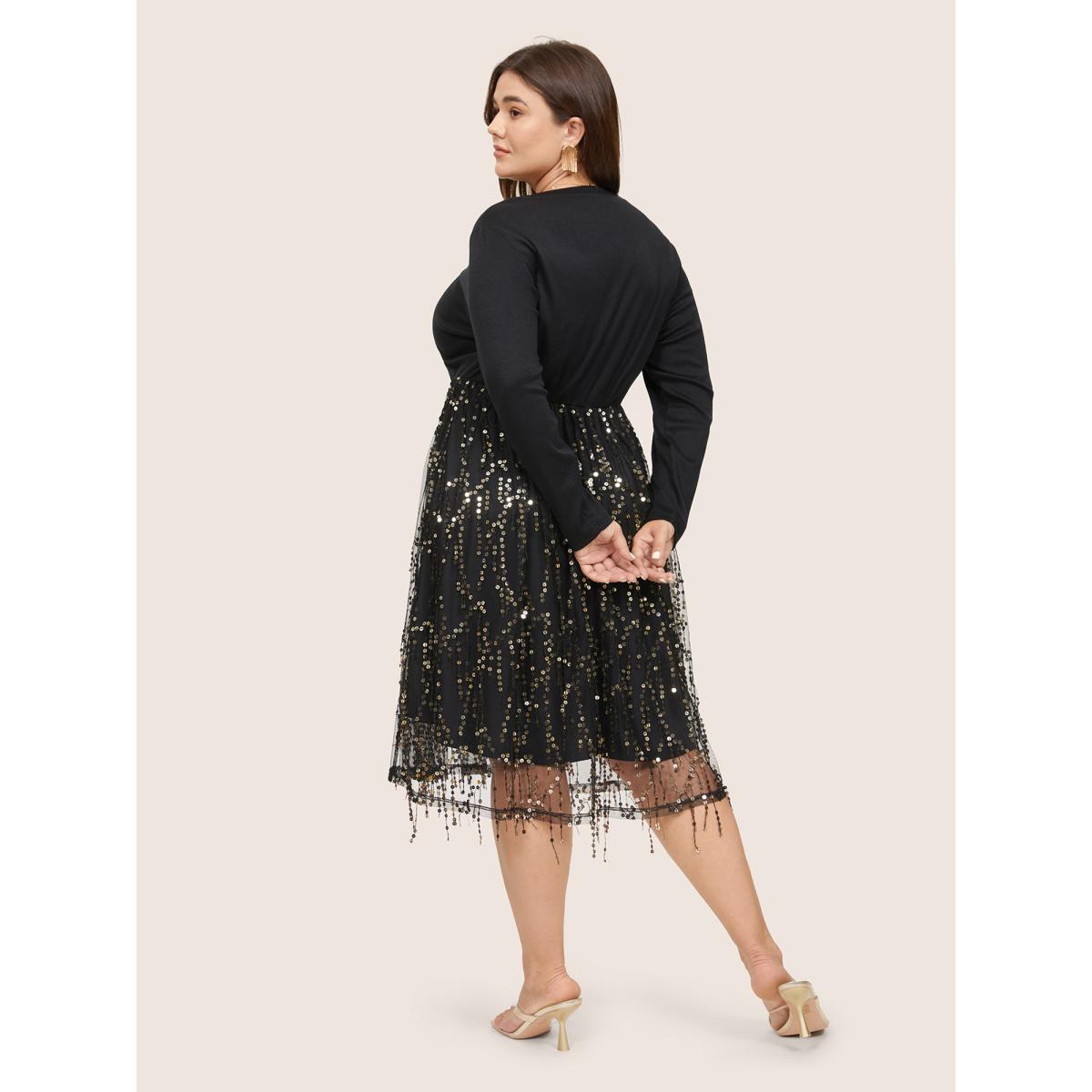 Plus Size Patchwork Sequin Mesh Tassel Trim Dress Black Women Cocktail Sequin V-neck Long Sleeve Curvy Knee Dress BloomChic 22-24/3X Product Image