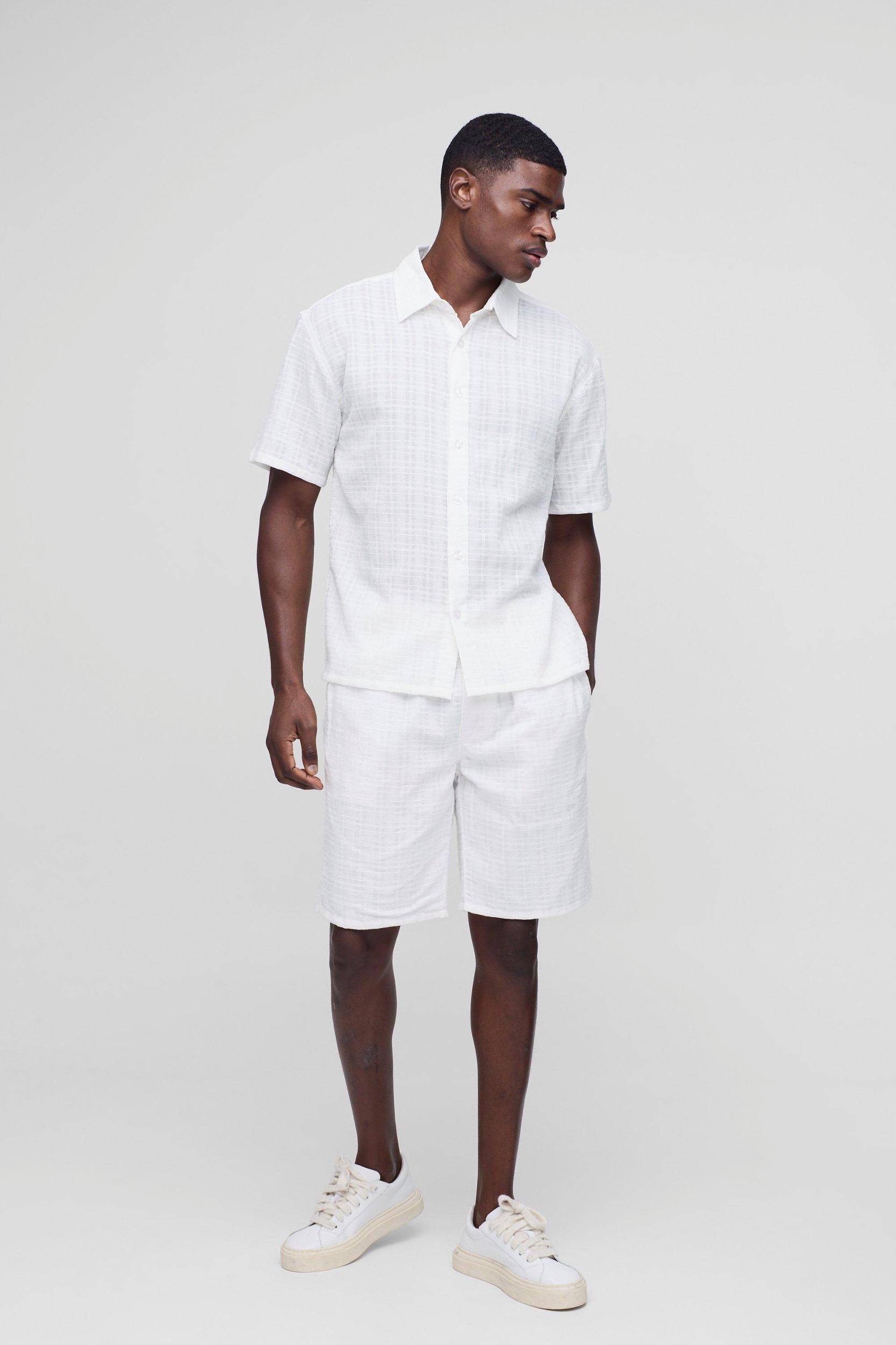 Oversized Textured Slub Shirt & Relaxed Short Set | boohooMAN USA Product Image