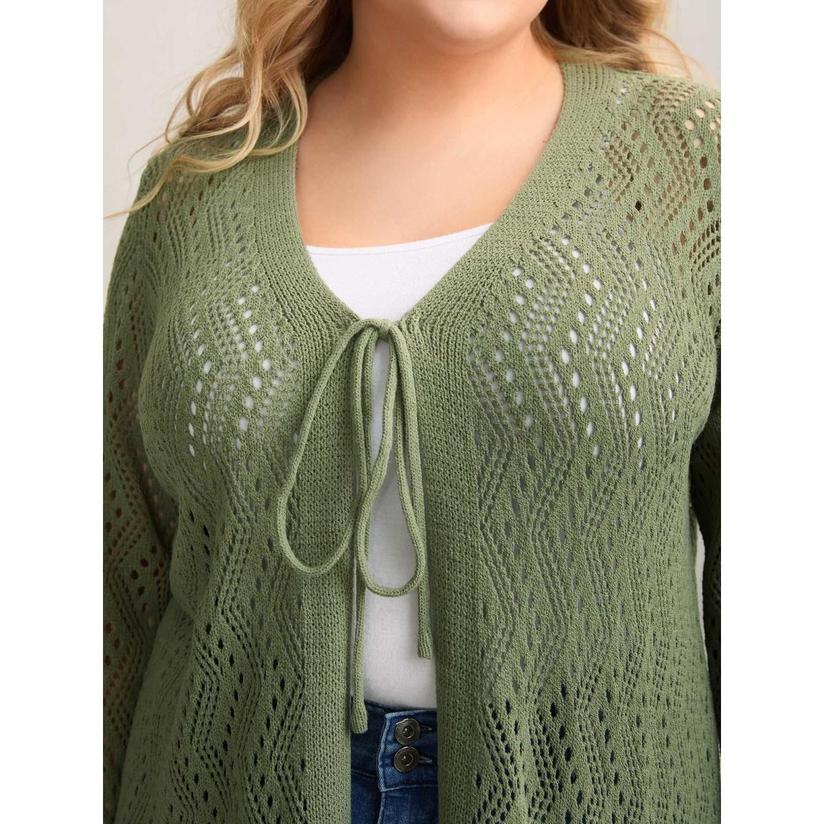 Plus Size Eyelet Trim Front Mid Tie Knit Cardigan Moss Women Casual Loose Long Sleeve Everyday-Casual Cardigans BloomChic 12/L Product Image