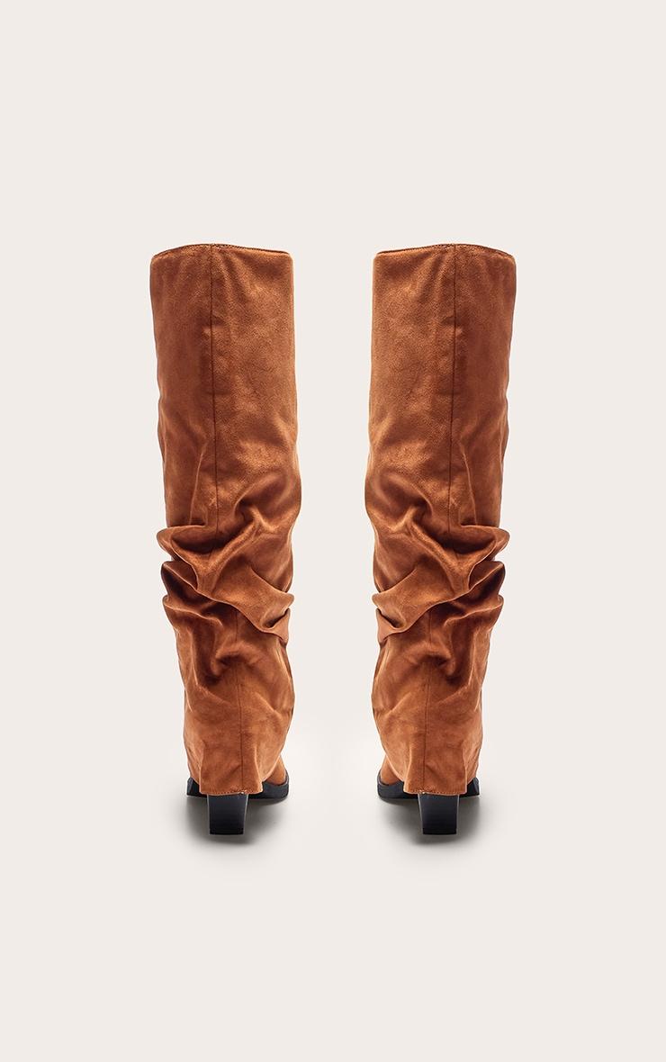 Tan Faux Suede Point Toe Fold Over Block Heel Knee High Boots Product Image
