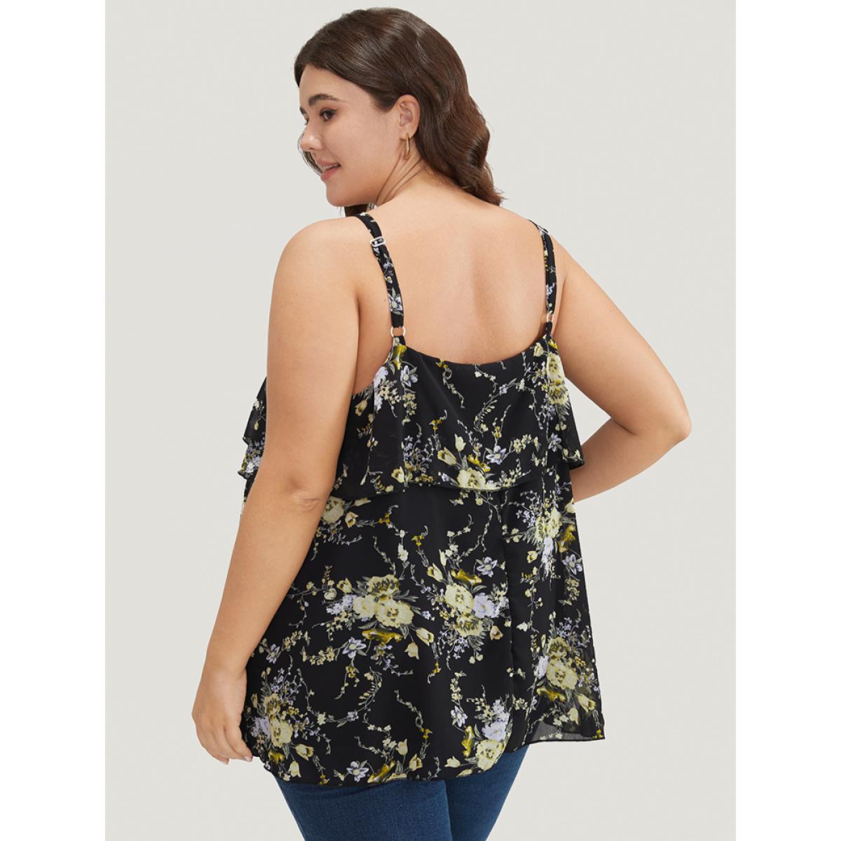 Plus Size Floral Print Adjustable Straps Tiered Hem Cami Top Women BlackFlower Elegant Adjustable Straps Spaghetti Strap Dailywear Tank Tops Camis BloomChic 10/M Product Image