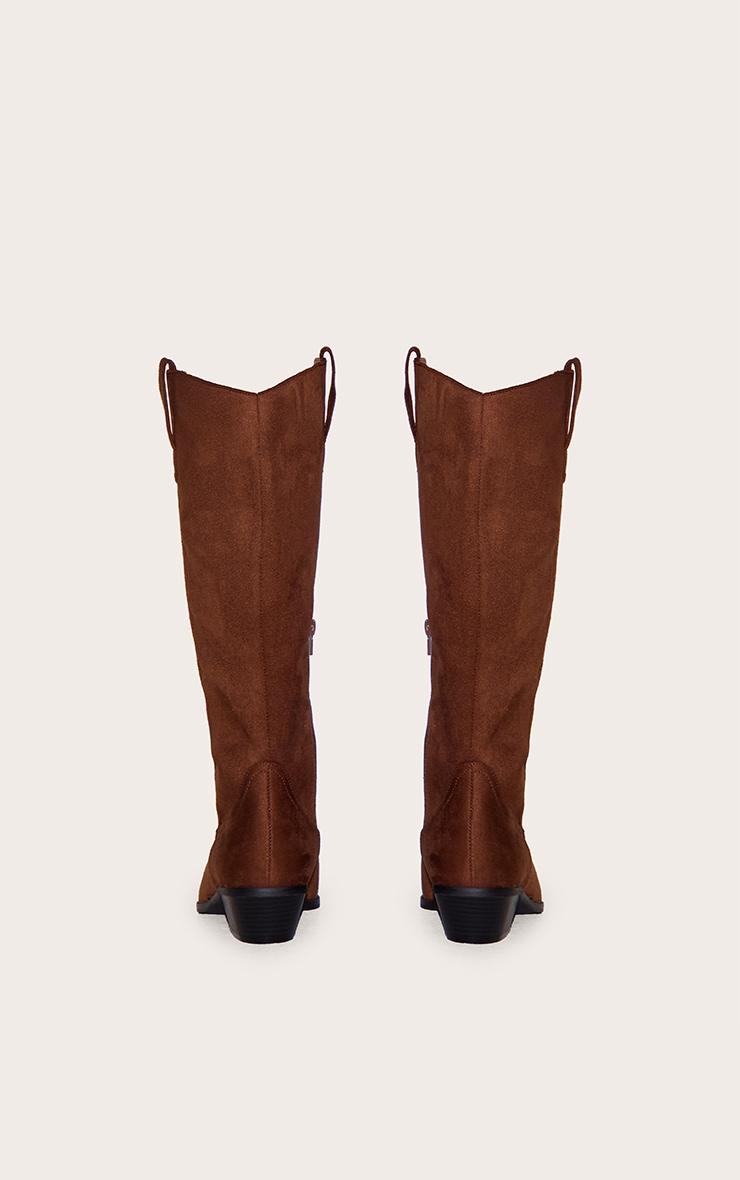 Chocolate Wide Fit Faux Suede Point Toe Knee High Western Boots Product Image