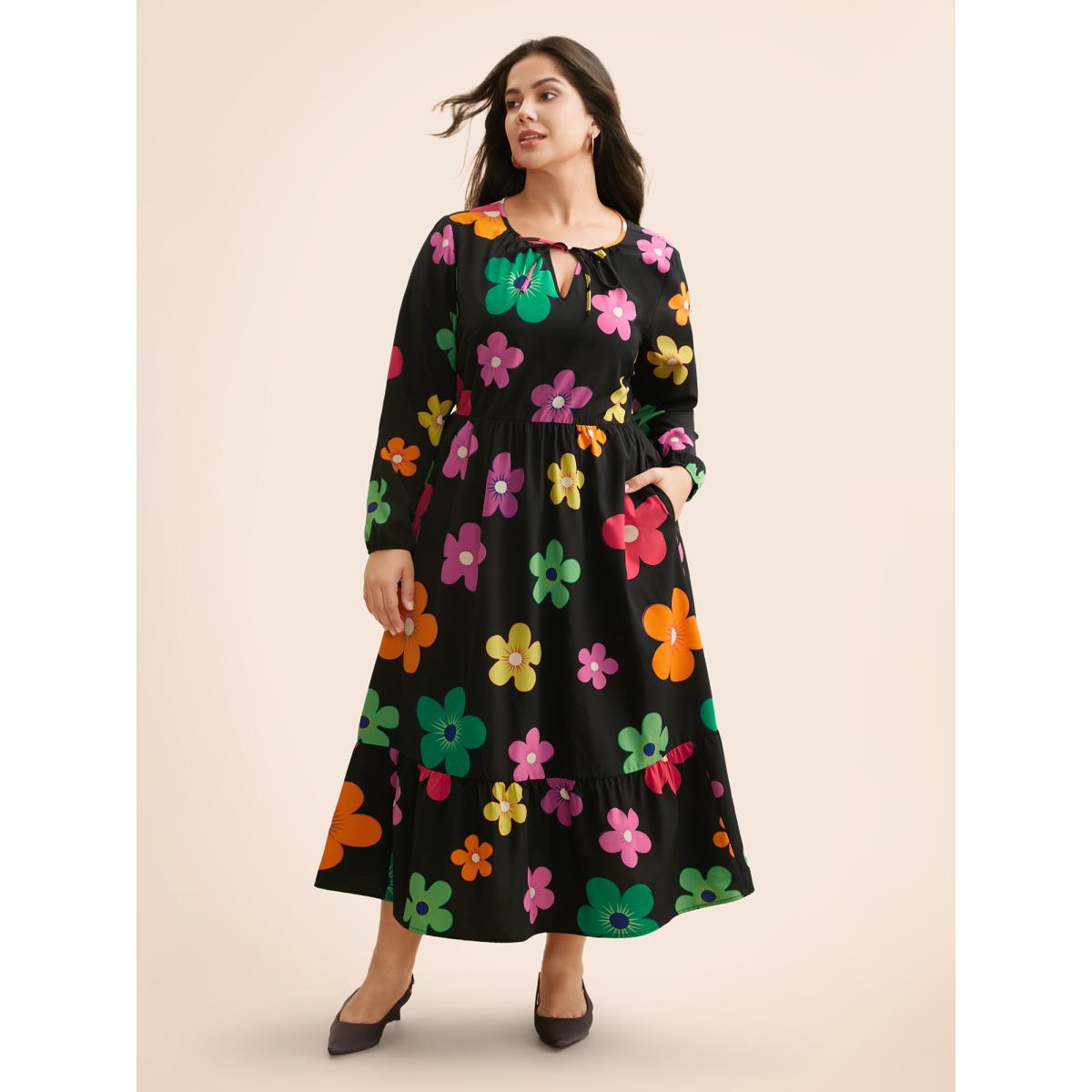 Plus Size Colored Floral Tie Knot Midi Dress Black Women Casual Tie knot Round Neck Long Sleeve Curvy BloomChic 12/L Product Image