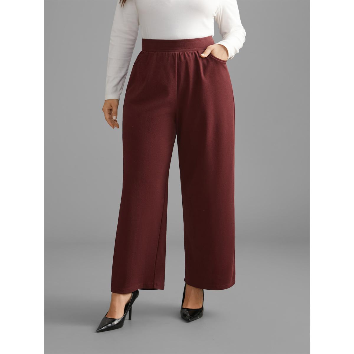 Plus Size Plain Elastic Waist Straight Leg Pants Women Deepred Elegant Straight Leg Mid Rise Everyday Pants BloomChic 12/L Product Image