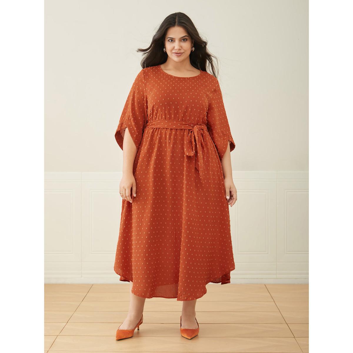 Plus Size Textured Bell Sleeve Belted Arc Hem Dress OrangeRed Women Elegant Texture Round Neck Elbow-length sleeve Curvy BloomChic 18-20/2X Product Image
