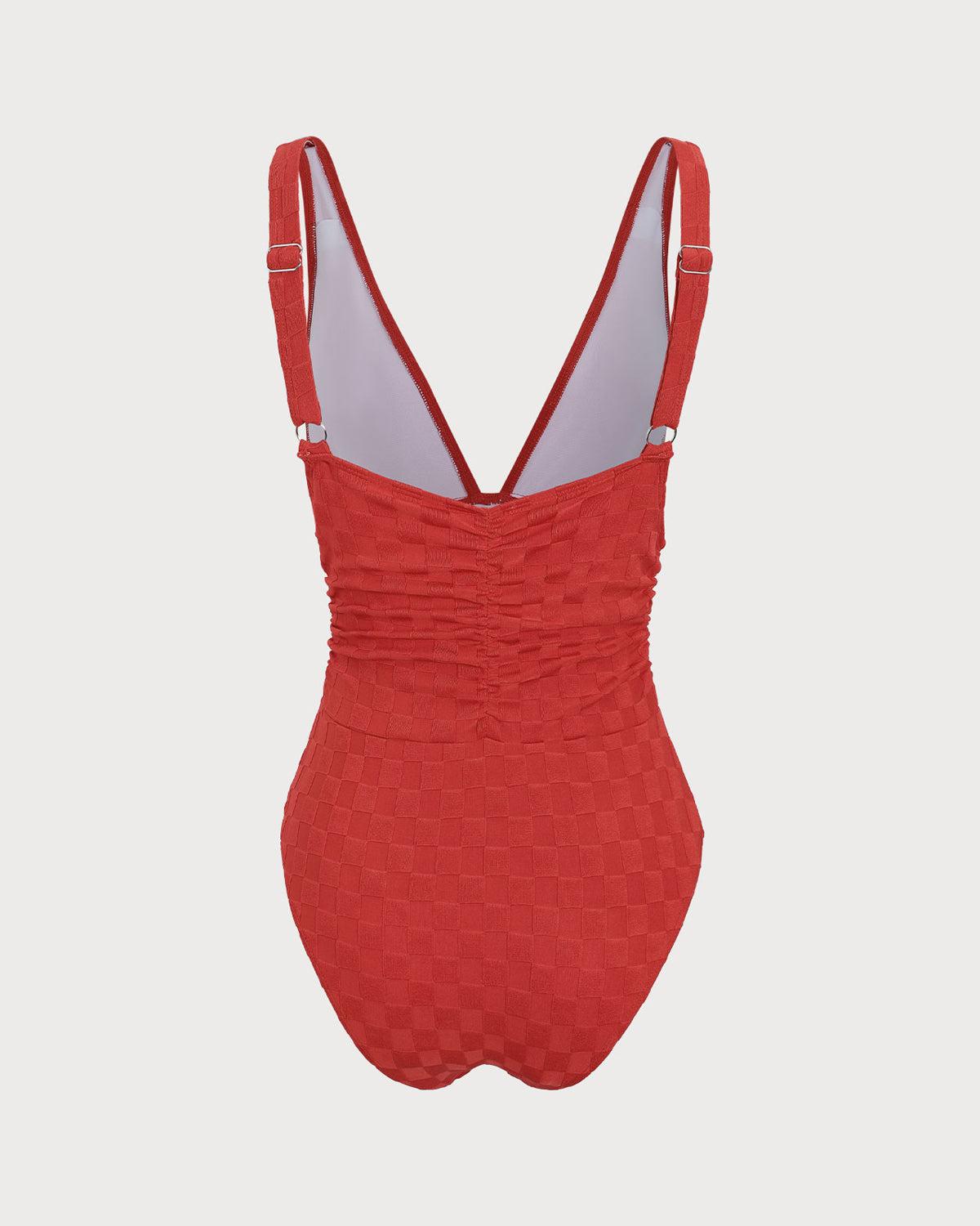 Red Plaid Ruched V-Neck One-Piece Swimsuit Product Image
