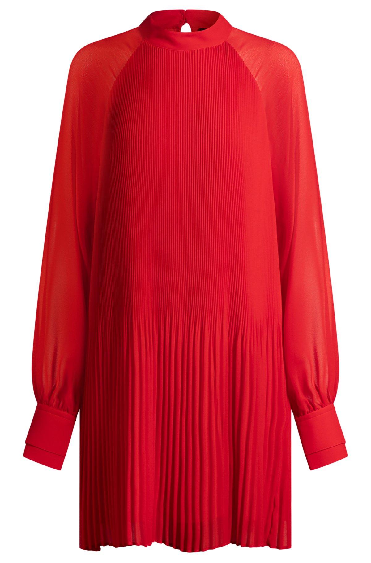High-neck dress with plissé pleats and sheer sleeves Product Image