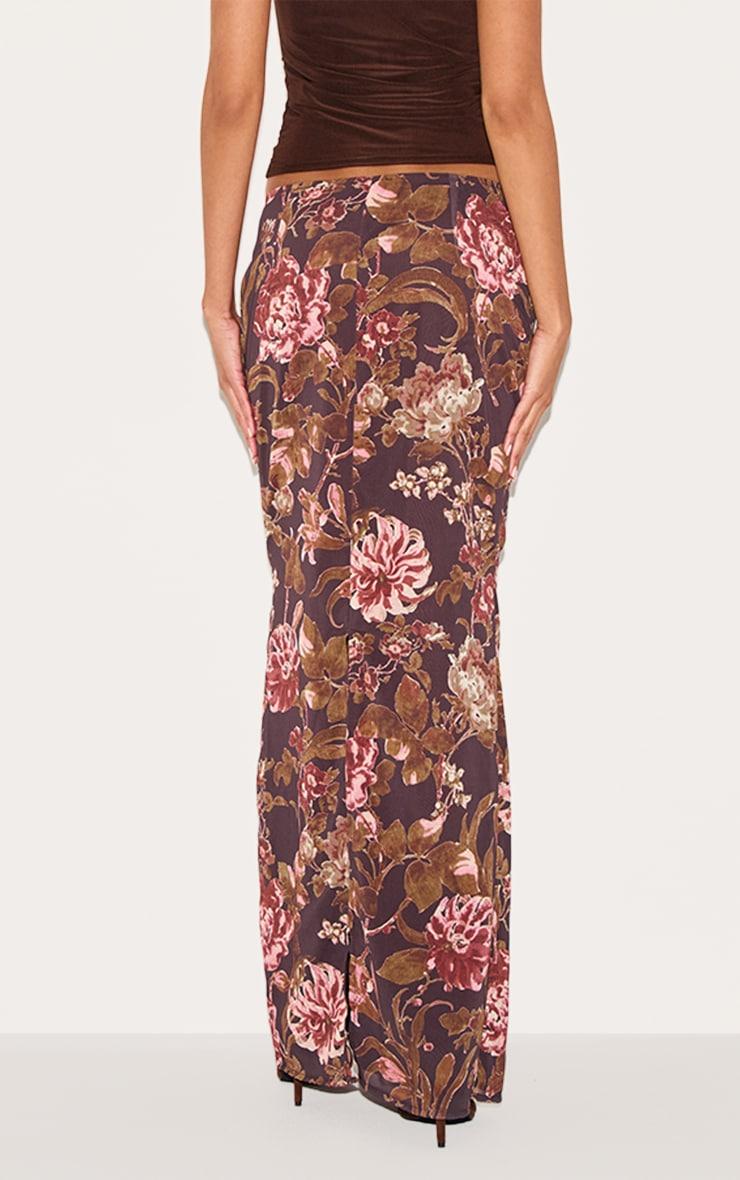  Brown Floral Print Chiffon Maxi Skirt    Product Image