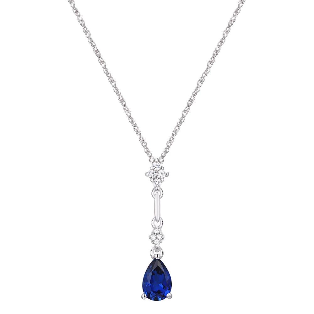 Rhodium Over Sterling Silver Teardrop Gemstone With Lab-Created White Sapphire Accents Pendant Necklace, Women's, Size: 18", Created Blue Blue Product Image