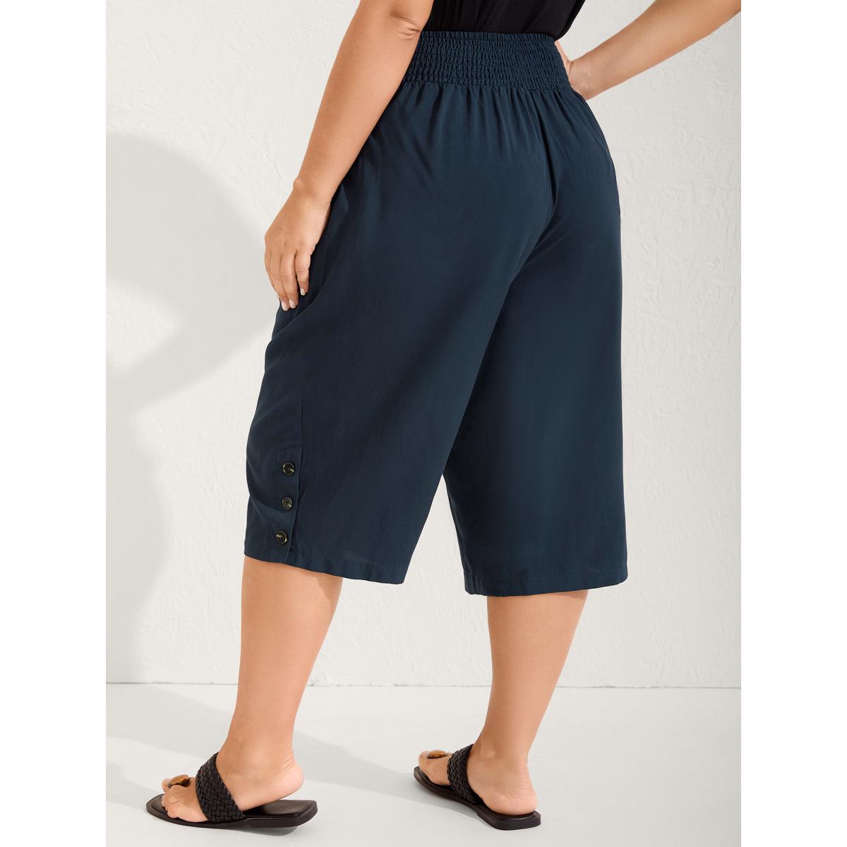 Plus Size Shirred Waist Solid Straight-Leg Pants Women Midnight Leisure Straight Leg Mid Rise Vacation Pants BloomChic 28/5X Product Image