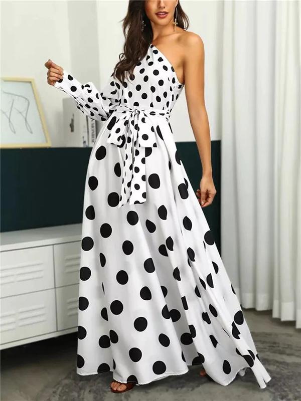 Long Sleeves Loose Contrast Color Polka-Dot Tied Waist One-Shoulder Maxi Dresses Product Image