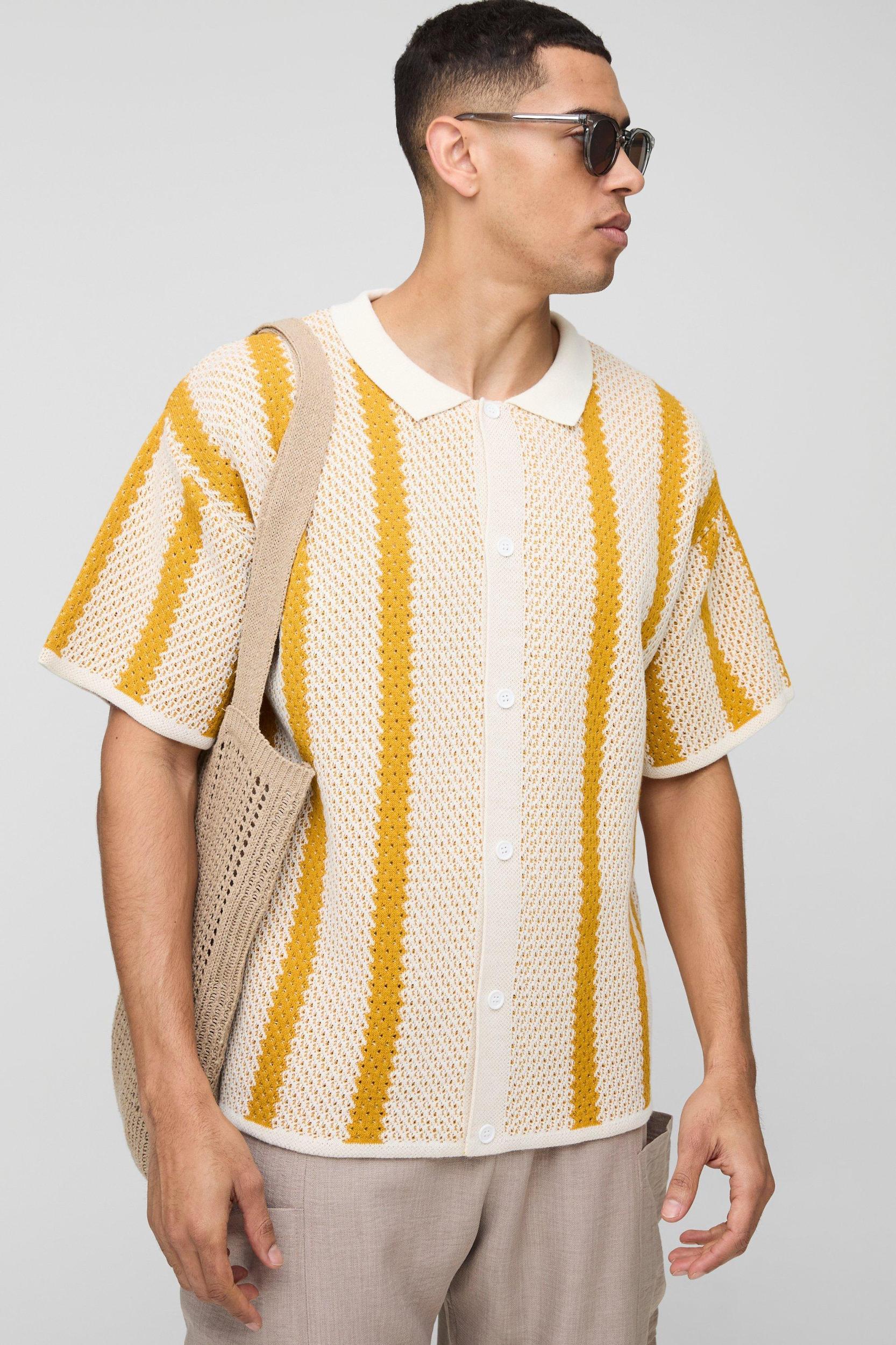 Regular Fit Stripe Knitted Shirt | boohooMAN USA Product Image