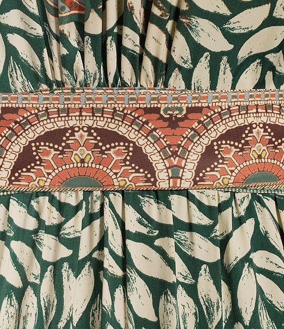 Gibson & Latimer Leaf Print Woven Moonshadow Satin Split V-Neck Long Blouson Sleeve Tiered A-Line Wrap Midi Dress Product Image