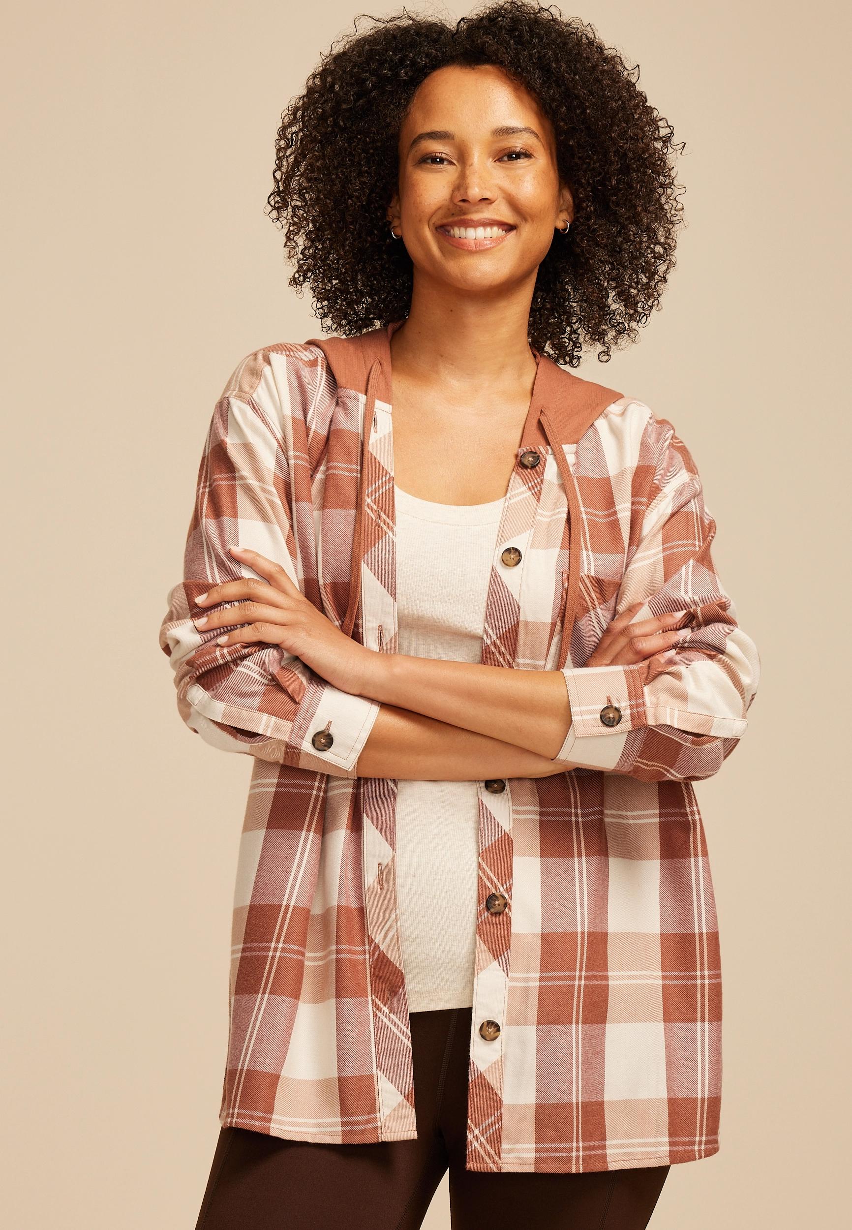 Plaid Hooded Boyfriend Button Down Shirt Product Image