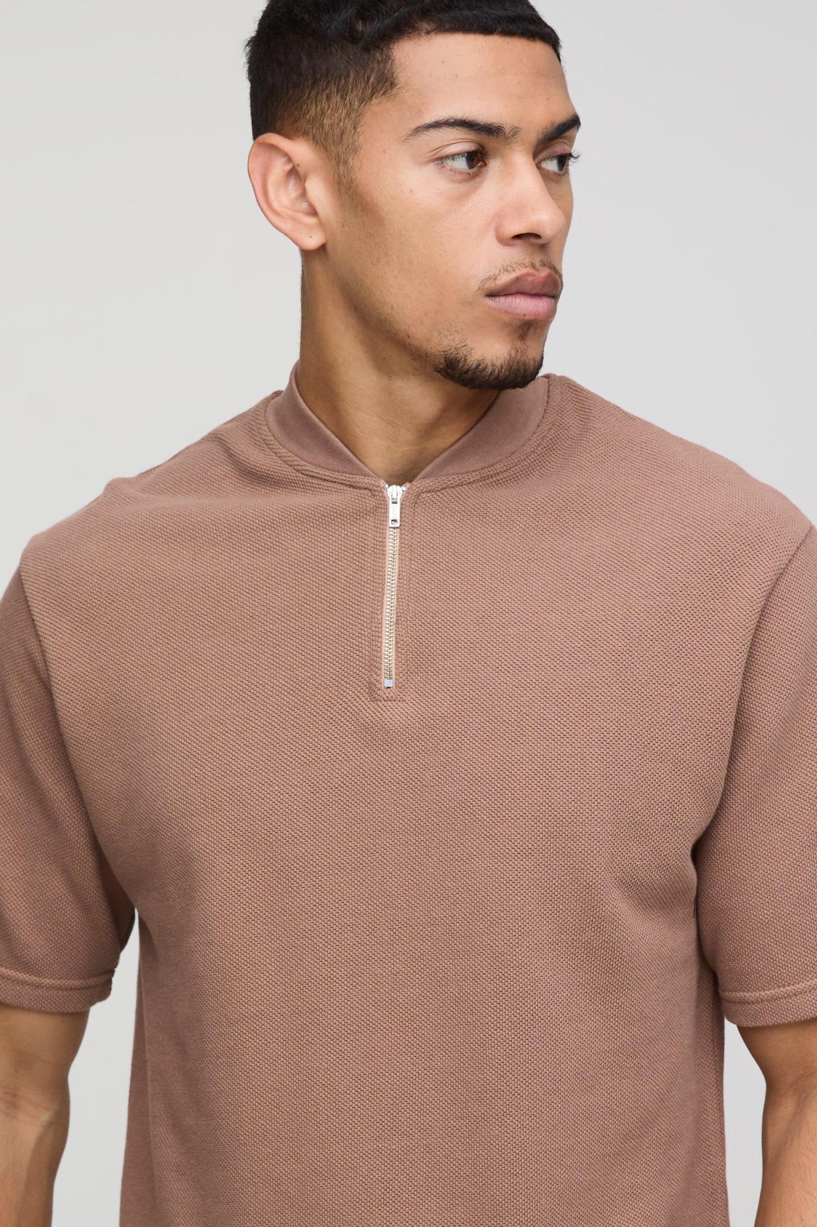 Regular Fit Heavy Pique Bomber Neck Polo | boohooMAN USA Product Image