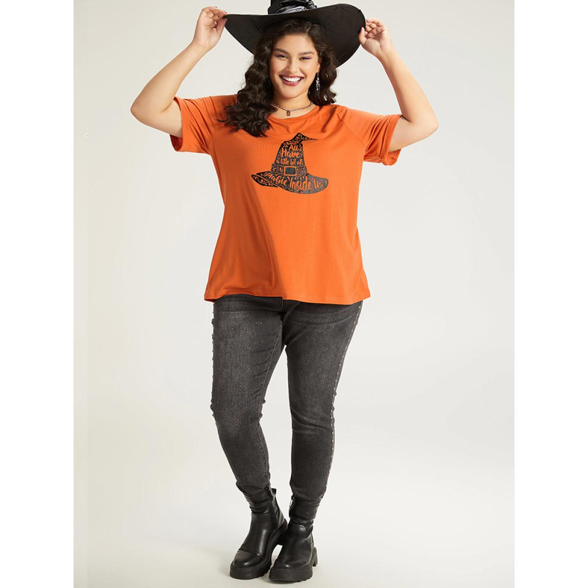 Plus Size Halloween Graphic Roll Sleeve Crew Neck T-shirt OrangeRed Women Casual Printed Halloween Festival-Halloween T-shirts BloomChic 30/6X Product Image
