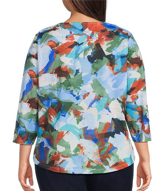 Allison Daley Plus Blue Artistry Painting Print Embellished 3/4 Ruched Sleeve Crew Neck Knit Top Product Image