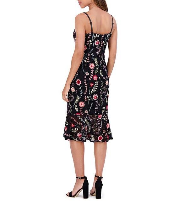 SIENA V-Neck Spaghetti Strap Floral Embroidered Lace Sheath Ruffle Hem Midi Dress Product Image