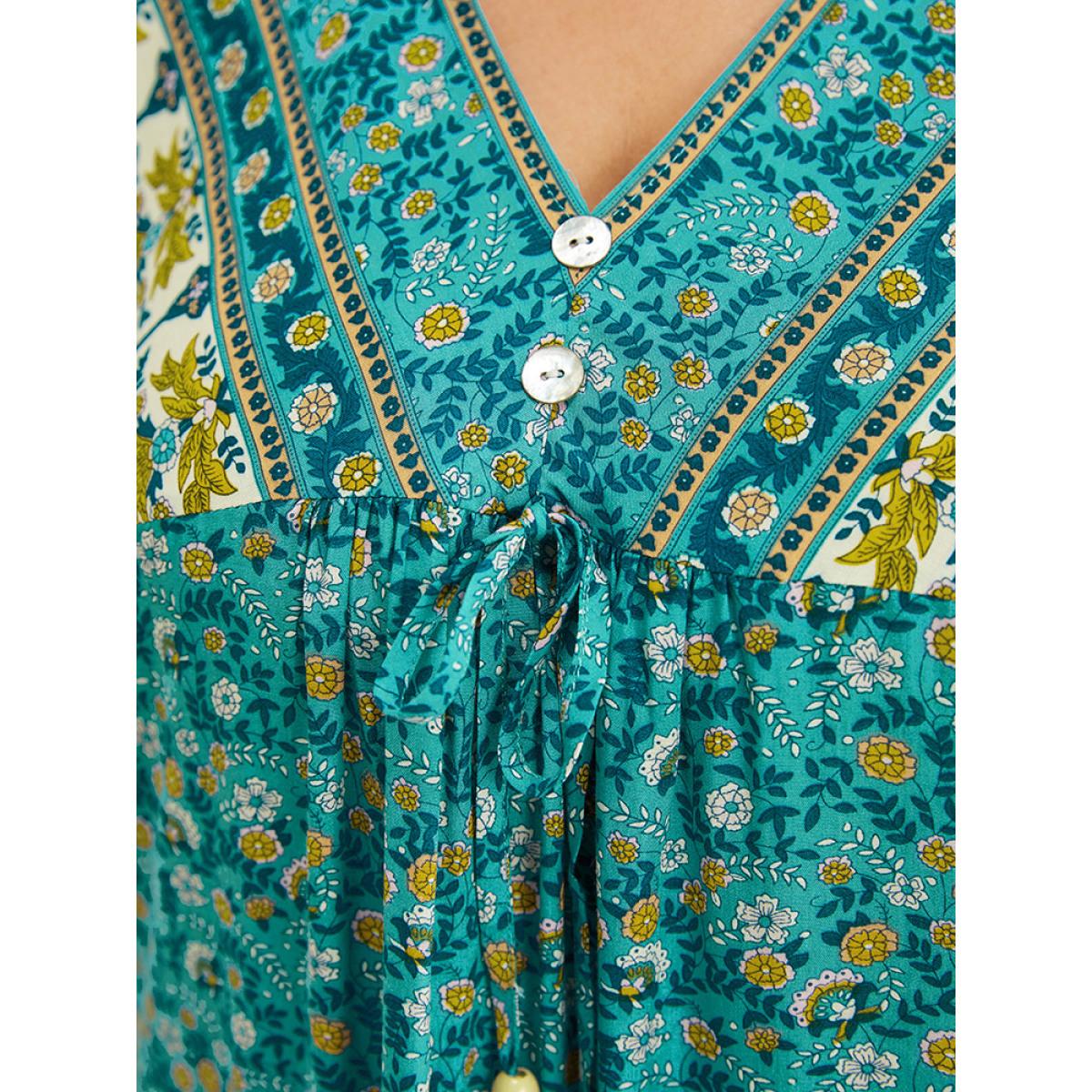 Plus Size Emerald Bandana Ruffle Trim Knot Front Button Detail Blouse Women Elegant Short sleeve V-neck Dailywear Blouses BloomChic 12/L Product Image