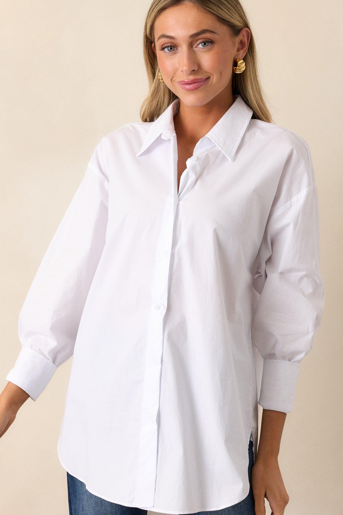 Came Prepared Cotton White Long Sleeve Button Front Top Product Image