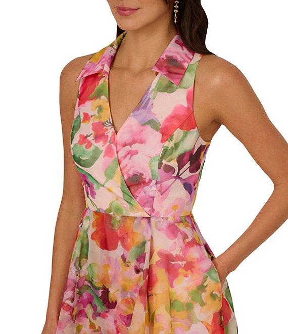Adrianna Papell Organza Floral Print V Neck Sleeveless Ruffle A-Line Midi Dress Product Image