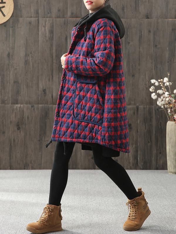 Vintage Loose Plaid Quilted Hooded Padded Coat Product Image