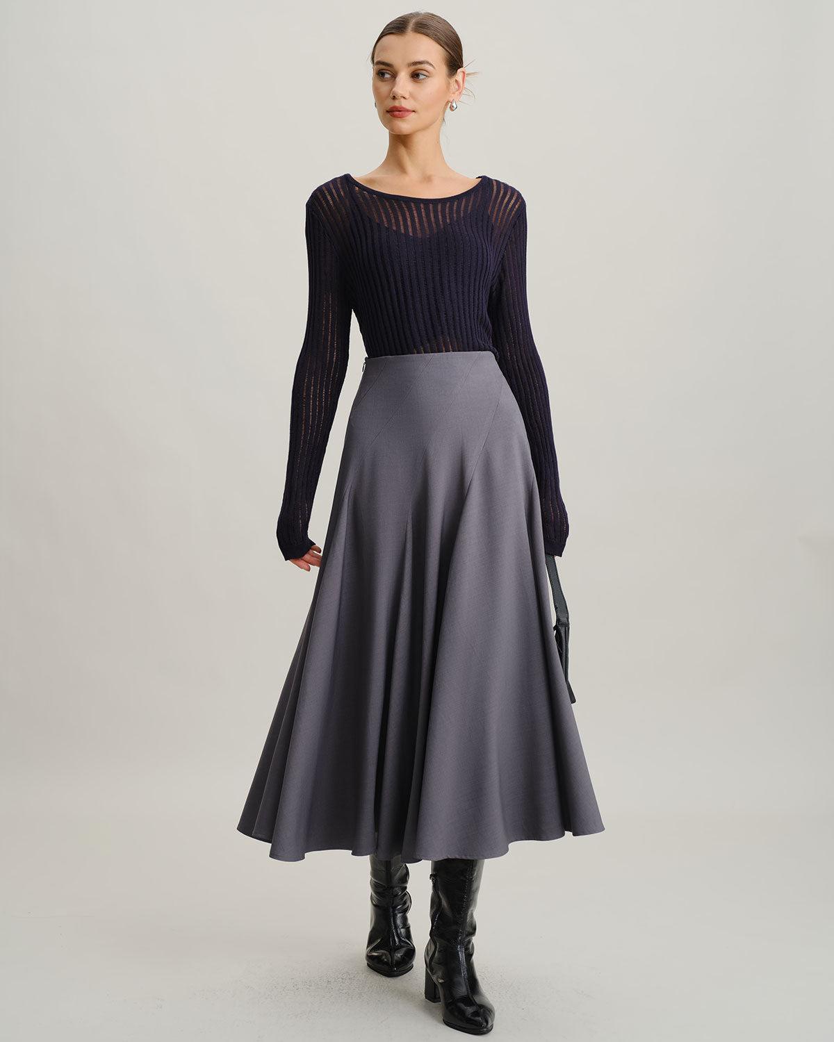 Grey High Waisted Pleated Midi Skirt Product Image