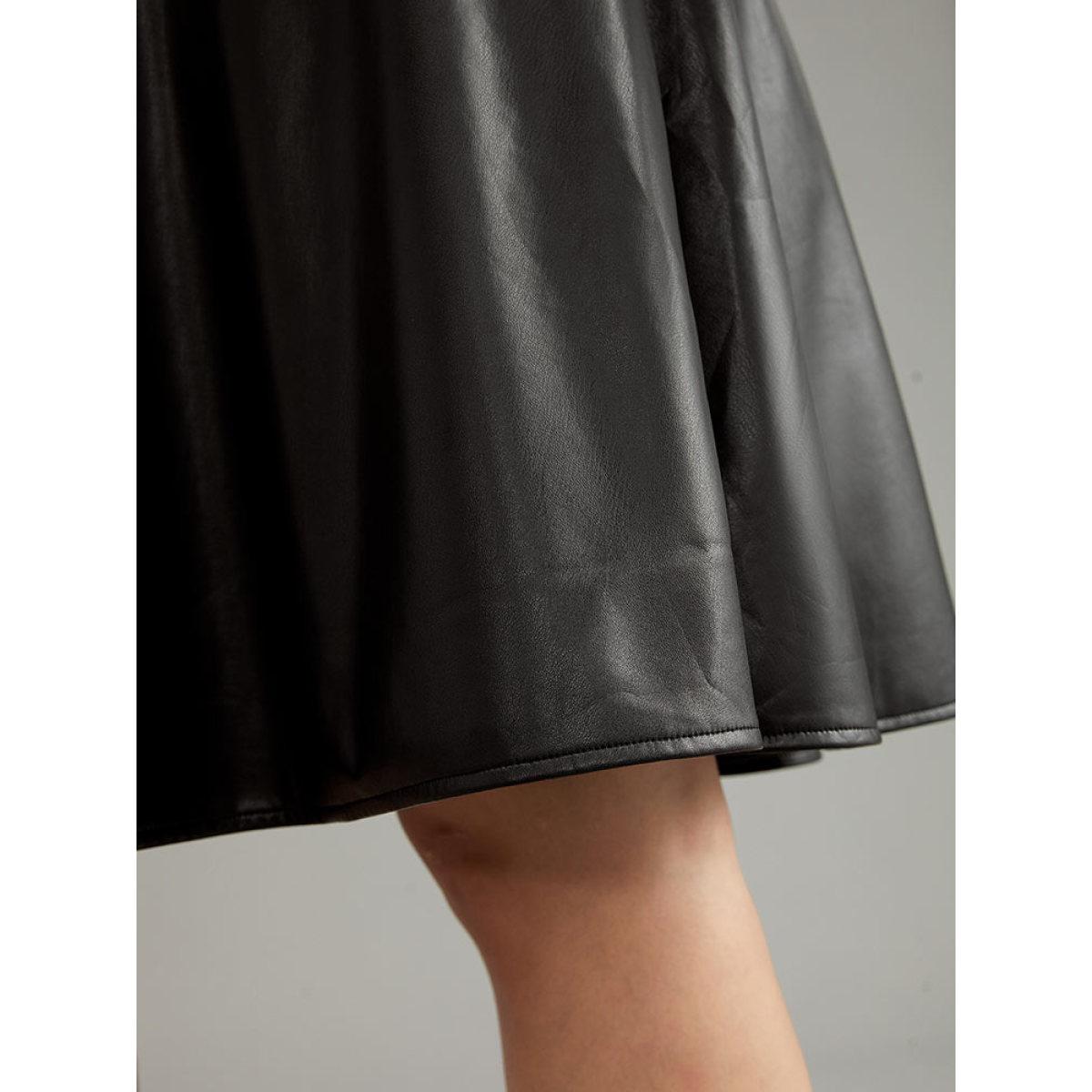 Plus Size Solid PU Cropped Ruffle Hem Skirt Women Black Office A-line No stretch Work Skirts BloomChic 28/5X Product Image