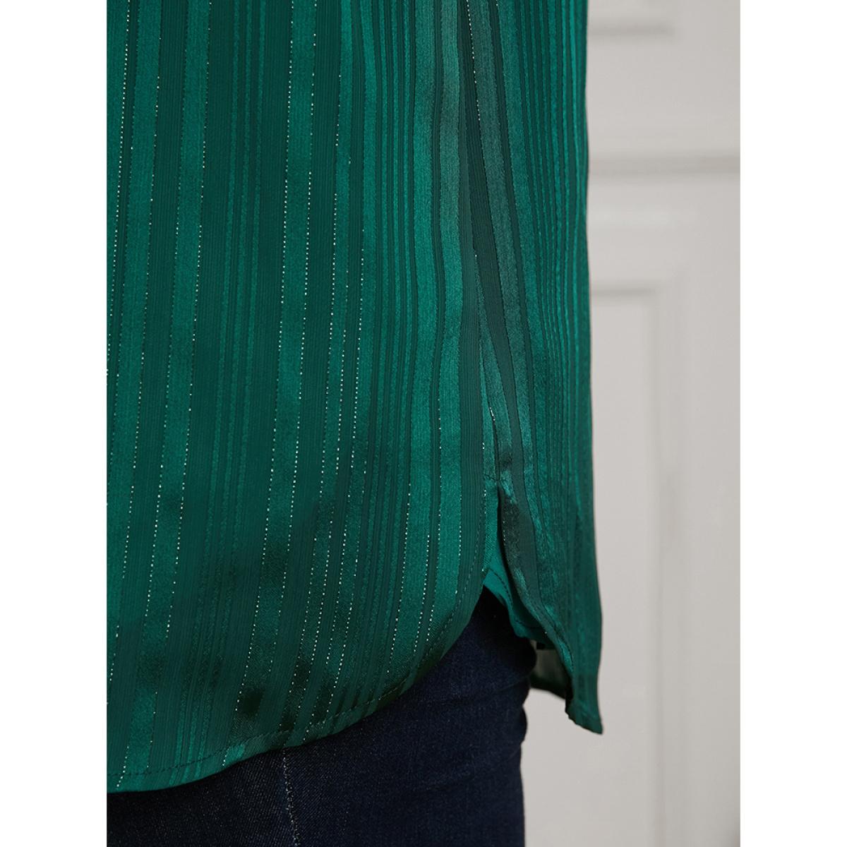 Plus Size Green Glitter Striped V Neck Button Detail Blouse Women Casual Long Sleeve V-neck Festival-Christmas Blouses BloomChic 18-20/2X Product Image