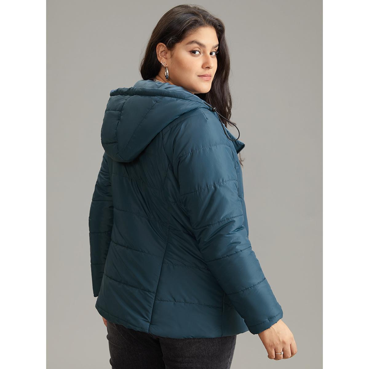 Plus Size Plain Drawstring Padded Zipper Pocket Hooded Jacket Women Blue Lined Pocket Dailywear Jackets BloomChic 18-20/2X Product Image