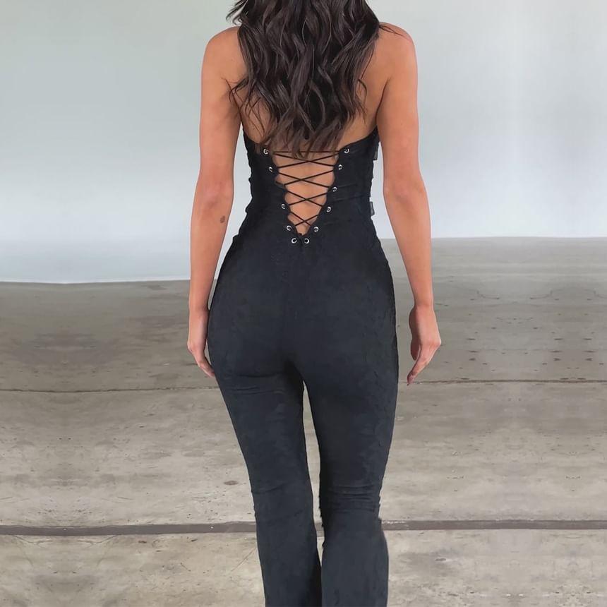 Halter V-Neck Plain Jumpsuit Product Image