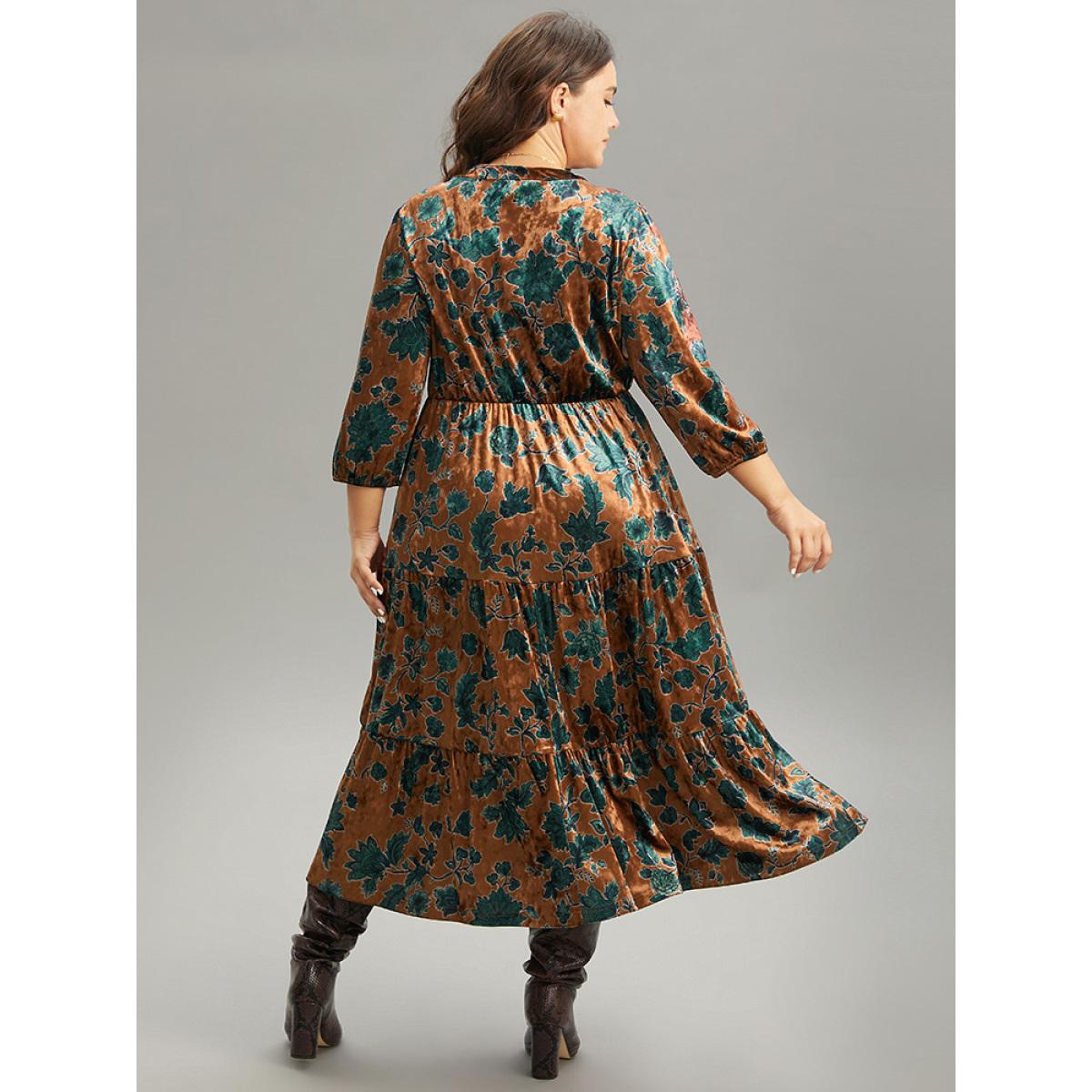 Plus Size Velvet Floral Print Notched Lantern Sleeve Dress Chocolate Women Casual Velvet Notched collar Elbow-length sleeve Curvy Midi Dress BloomChic 26/4X Product Image