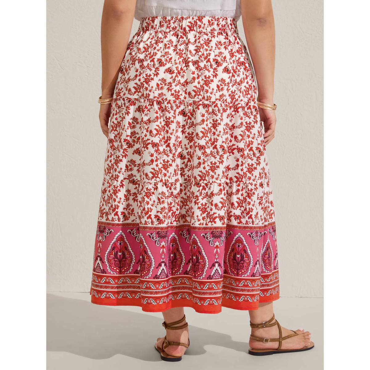 Plus Size Floral Boho Print Tiered Maxi Skirt Women Salmon Loose No stretch Side seam pocket Vacation Skirts BloomChic 14-16/1X Product Image
