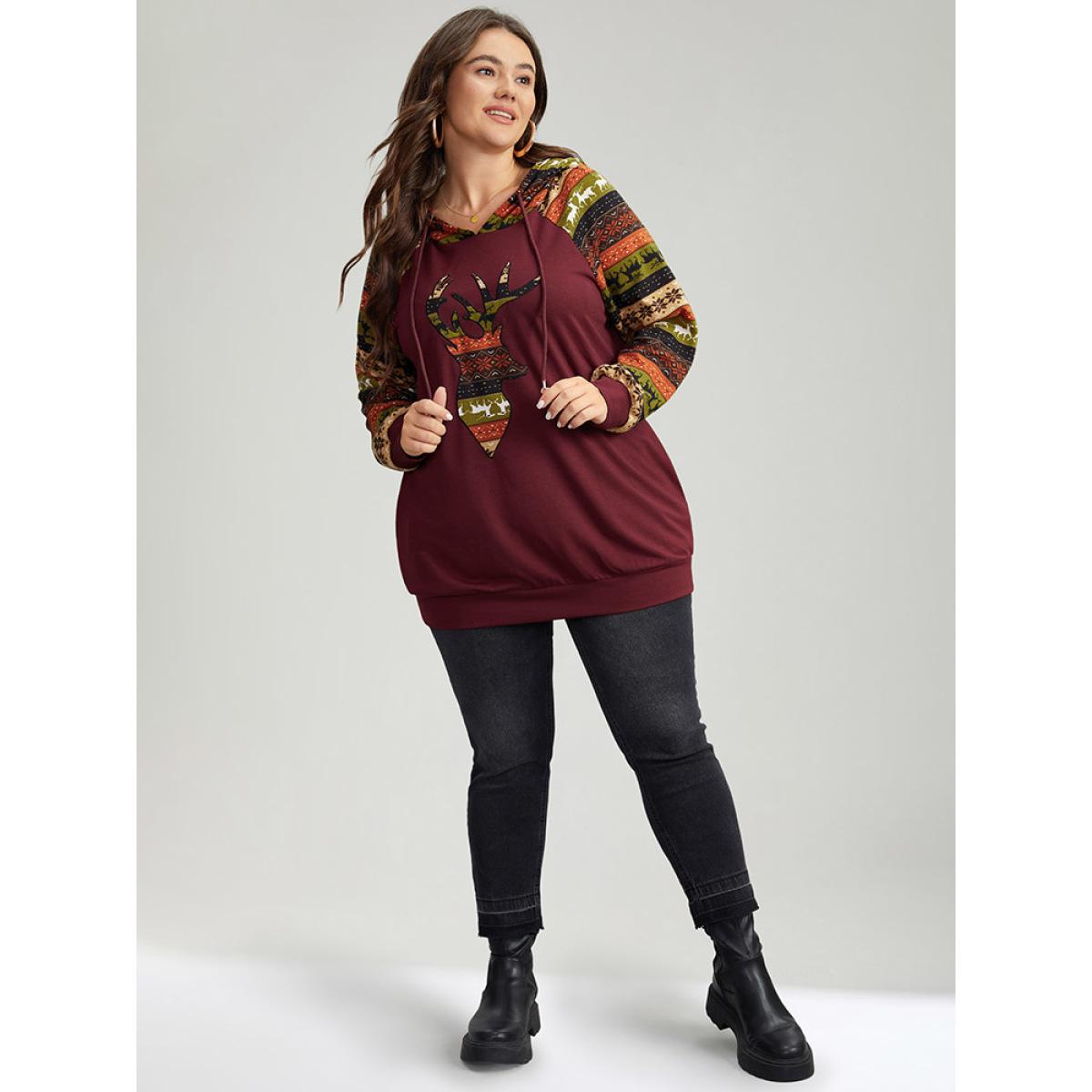Plus Size Christmas Print Pocket Hooded Drawstring Sweatshirt Women Burgundy Casual Contrast Festival-Christmas Sweatshirts BloomChic 30/6X Product Image