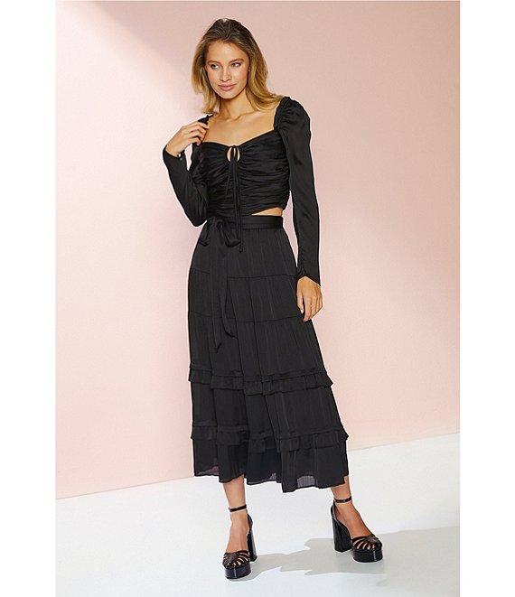 Chelsea & Violet Plisse Long Sleeve Ruched Square Neck Coordinating Cropped Top Product Image