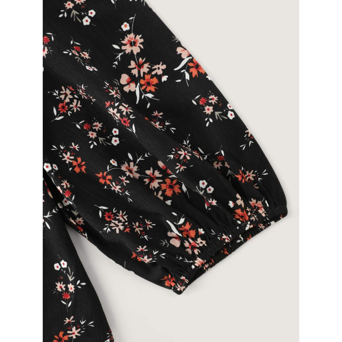 Plus Size BlackFlower Floral Print Lace Cinched-Flared Blouse Women Timeless Long Sleeve V-neck Elegant Blouses BloomChic 18-20/2X Product Image