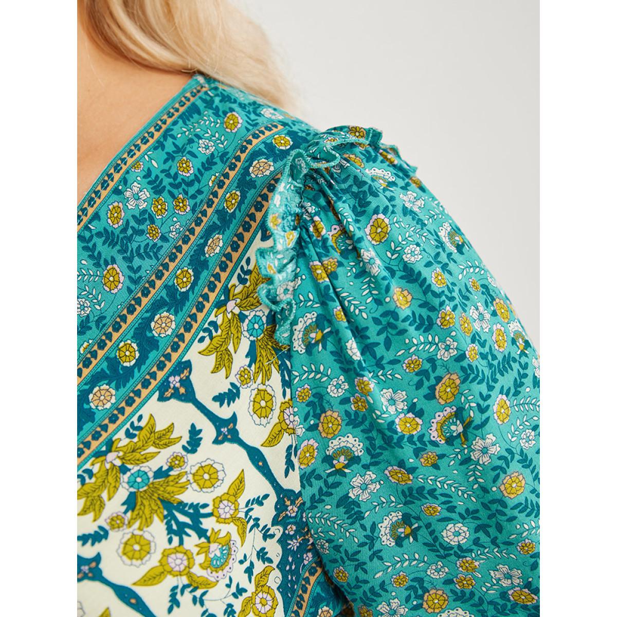 Plus Size Emerald Bandana Ruffle Trim Knot Front Button Detail Blouse Women Elegant Short sleeve V-neck Dailywear Blouses BloomChic 12/L Product Image