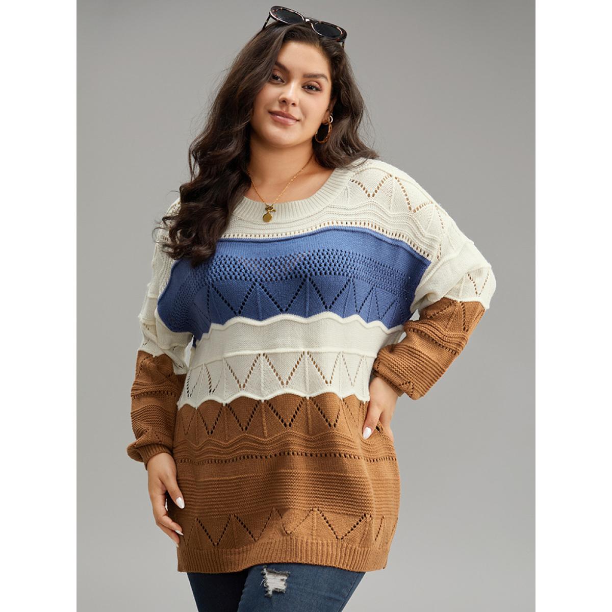 Plus Size Contrast Eyelet Patchwork Elastic Cuffs Pullover Multicolor Women Casual Loose Long Sleeve Round Neck Dailywear Pullovers BloomChic 28/5X Product Image