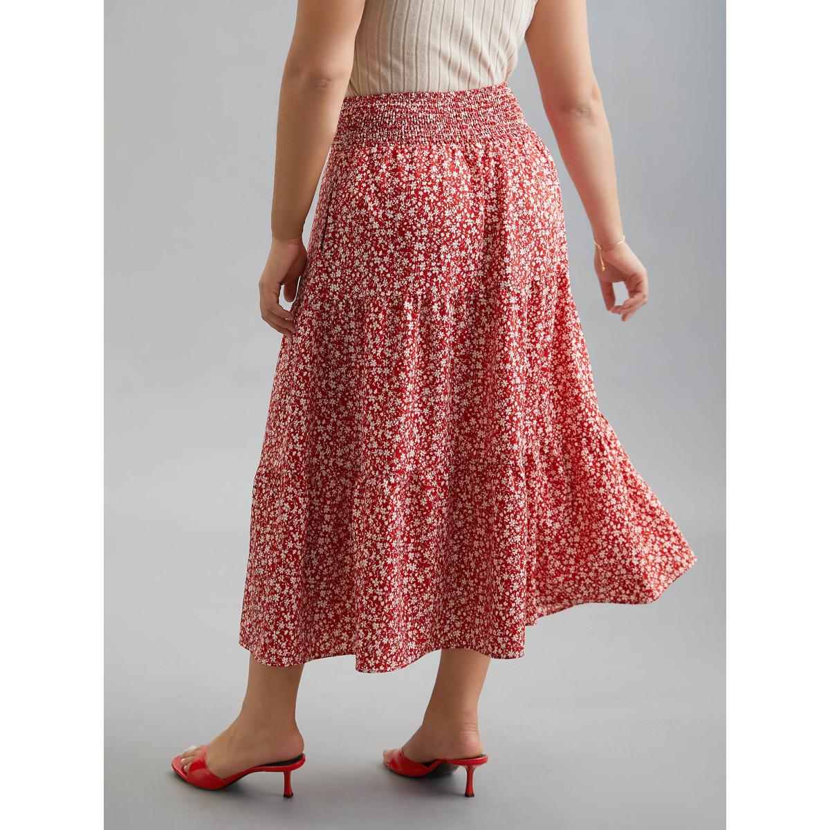 Plus Size Romantic Floral Waist Shirred Midi Skirt Women Crimson Timeless Shirred No stretch Side seam pocket Elegant Skirts BloomChic 28/5X Product Image