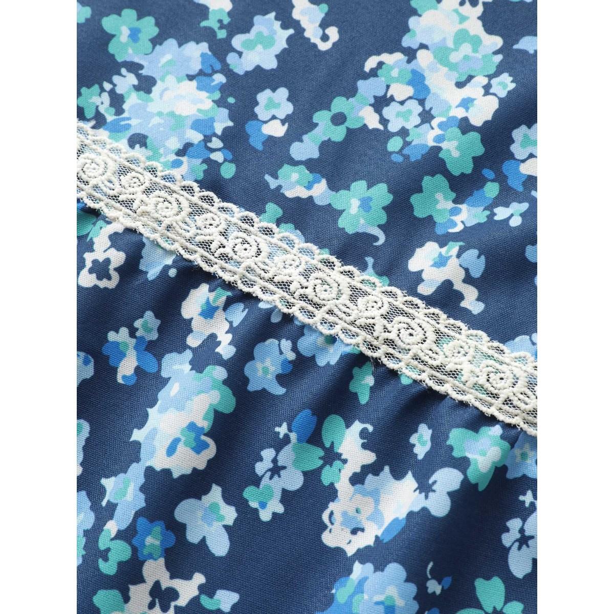 Plus Size Ditsy Floral Drawstring Lace Patchwork Tank Top Women Blue Elegant Cross straps Round Neck Everyday Tank Tops Camis BloomChic 30/6X Product Image