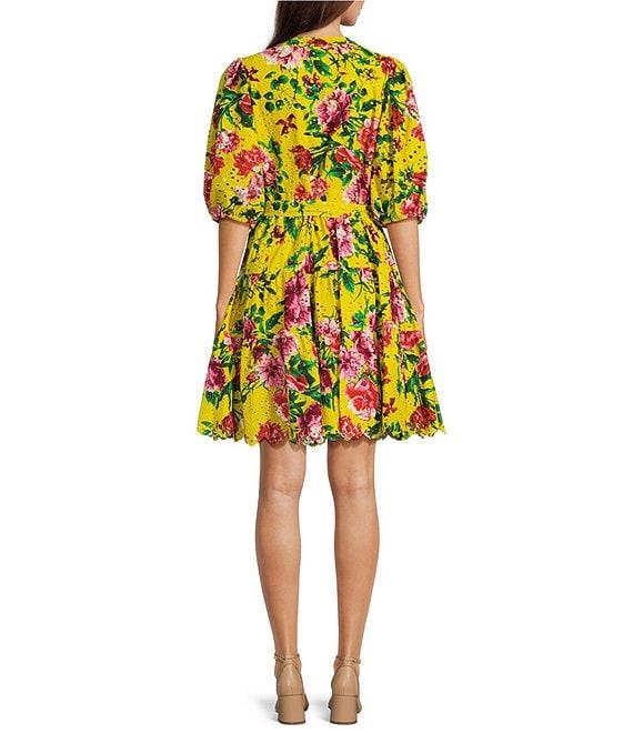 Gibson & Latimer Floral Eyelet Split Neck Elbow Puff Sleeve Button Front Scallop Hem Dress Product Image