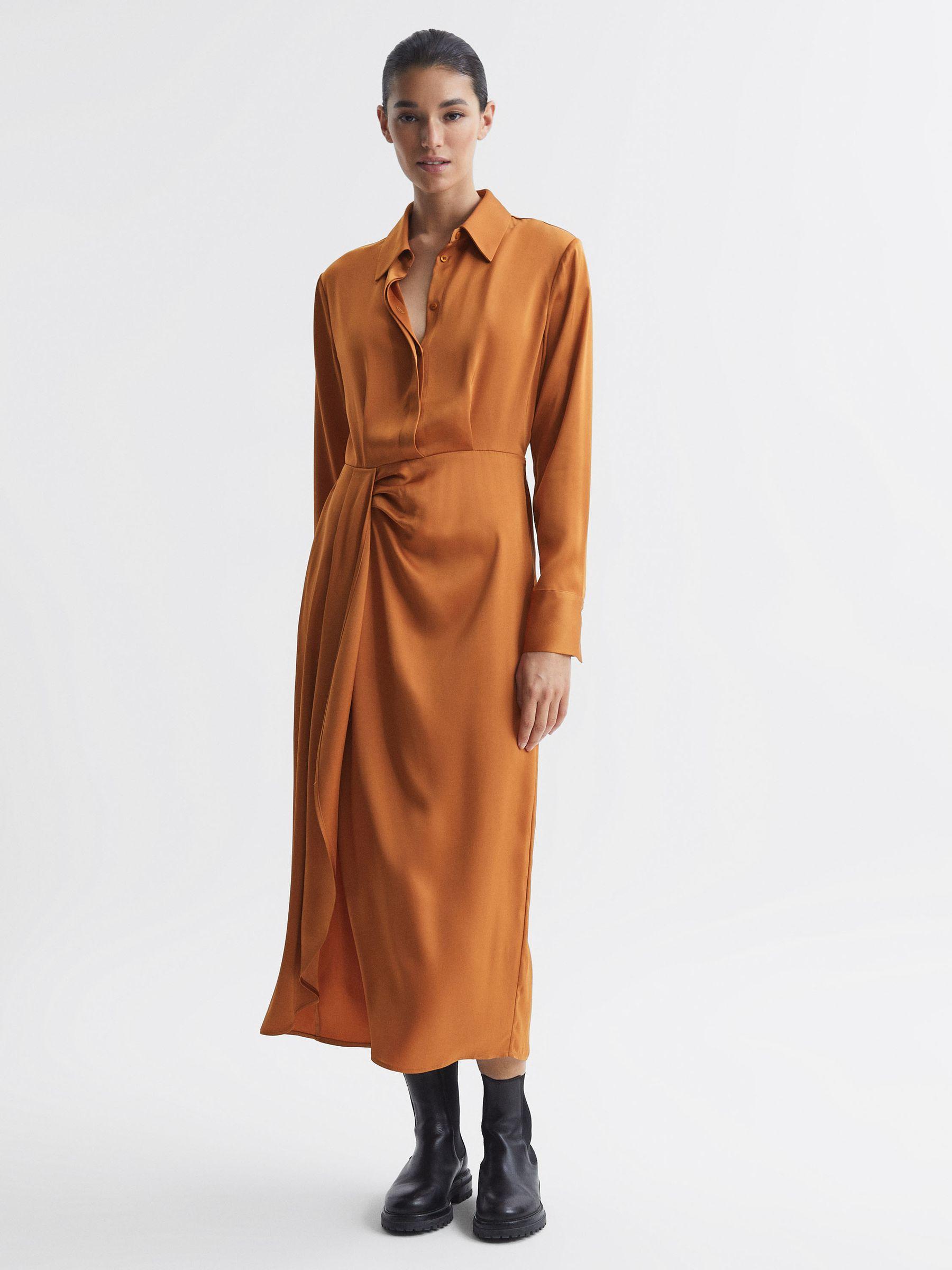 Satin Shirt-Style Midi Dress in Rust Product Image
