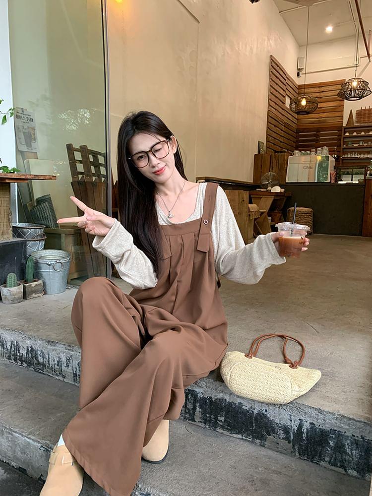 Long-Sleeve Round Neck Plain T-Shirt / Wide Leg Jumpsuit Product Image