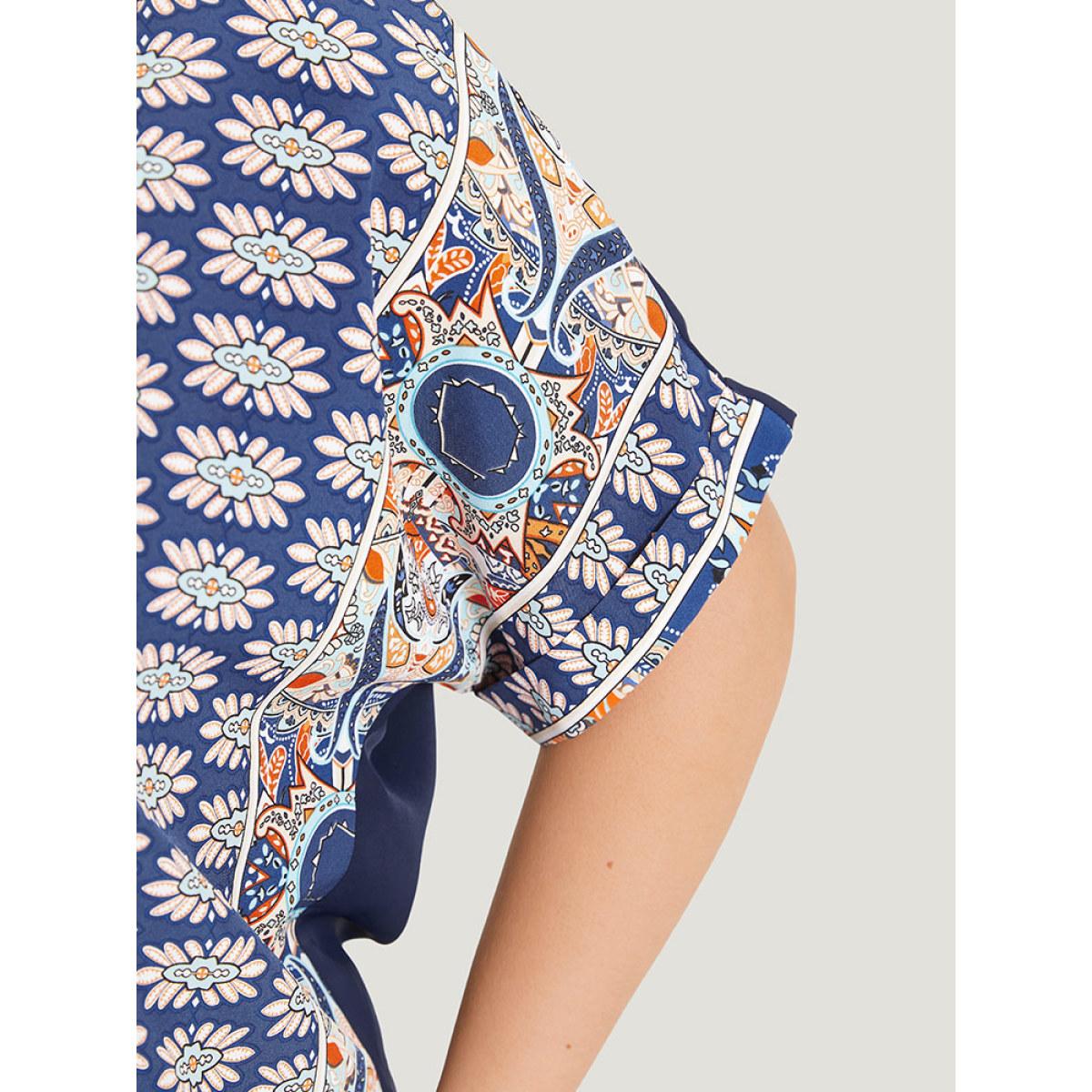 Plus Size Indigo Bandana Print Patchwork Contrast Roll Batwing Sleeve Blouse Women Vacation Short sleeve V-neck Dailywear Blouses BloomChic 28/5X Product Image